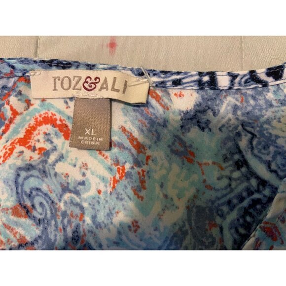 Roz & Ali XL Boho Paisley Blouse Womens Peasant Top Sheer 3/4 Sleeve Blue Orange - Picture 6 of 12